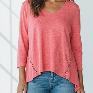 J. Jill Women's Peony Pink Knit Linen Blend V Neck Shark Bite Hem Top Size M